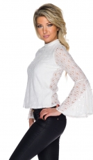 Preview: Hochgeschlossenes Oberteil mit Trompetenärmeln und sexy Rückansicht - weiß