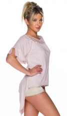 Preview: Aufregendes Vokuhila-Top im Destroyed-Look mit Häkelspitzenrand - rosa