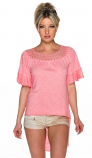 Aufregendes Vokuhila-Top im Destroyed-Look mit Häkelspitzenrand - lachs