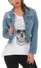 Preview: Kurz geschnittene Jeansjacke mit Strass-Butterfly - blue washed