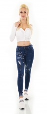 Preview: High Waist Skinny Jeans im Used-Look mit Schrift-Prints - dark blue
