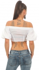Preview: Süßes bauchfreies Carmentop mit Schnürleiste - weiß