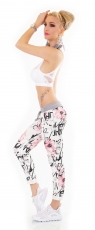 Preview: Modische Freizeithose mit Blüten- und Schrift-Prints in weiß pink