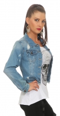 Preview: Kurz geschnittene Jeansjacke mit Strass-Butterfly - blue washed