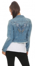 Preview: Kurz geschnittene Jeansjacke mit Strass-Butterfly - blue washed