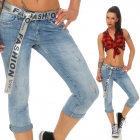 Preview: Modische Crash-Capri mit auffälligem Stoffgürtel und Vintage-Effekten in blau