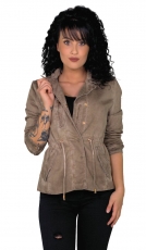 Preview: Taillierte Jeansjacke im Vintage-Look mit Tunnelzug-Bändchen - sand