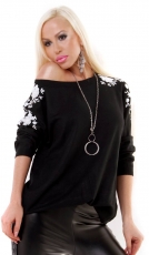 Lässiger Oversize-Pullover mit hübscher Blüten-Applikation in schwarz