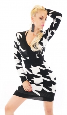 Taillierter Longpullover mit V-Ausschnitt in schwarz/weiß
