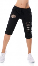 Lässige Capri-Leinenhose mit Pailletten-Applikation und Vintage-Effekten in schwarz