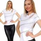 Preview: Figurbetontes Shirt mit Schulter Cut Out und Nieten-Verzierungen - weiß