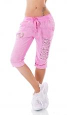 Lässige Capri-Leinenhose mit Pailletten-Applikation und Vintage-Effekten in soft pink