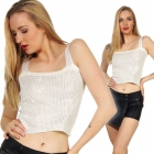 Preview: Kurz geschnittenes Feinripp-Top mit Schmucknieten - cremé weiß