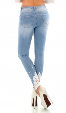 Sexy Push Up Skinny Jeans mit Spitzen und Perlenapplikation - light blue