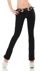 Stretch-Jeans im Bootcut-Style mit Kontrast-Nähten und Gürtel in schwarz