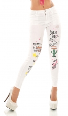 Sexy Stretch Jeans im Used-Look mit bunten Schrift-Prints - weiß