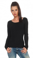 Taillierter Rippstrick-Pullover mit kurzer Knopfleiste - schwarz