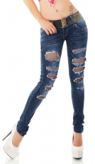 Moderne Röhren-Jeans mit Rissen und Glamour-Gürtel in dark blue