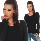 Taillierter Rippstrick-Pullover mit kurzer Knopfleiste - schwarz