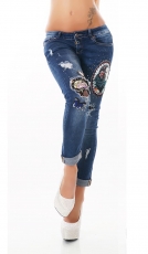 Röhrenjeans mit aufwendig verzierten Schmuck-Patches in dark blue