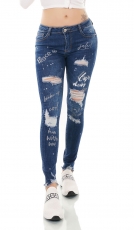 Skinny Jeans im Used-Look mit Schrift-Prints - blue washed