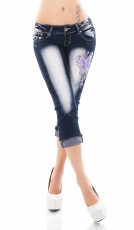 Capri-Jeans mit auffälligen Bleich-Effekten und Tribal-Stickereien in bleach blue