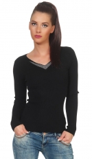Taillierter Feinstrick-Pullover mit Strass-Verzierung - schwarz