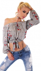 Bauchfreie Langarm-Bluse mit Carmen-Ausschnitt - rosa grau/rot