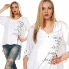 Preview: Oversize Shirt mit Kapuze und verzierten Schrift-Print - weiß