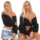 Preview: Bauchfreies Carmen-Top in Dirndl-Optik mit Schnürung in schwarz