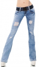 Helle Bootcut-Jeans mit Rissen und breiten Stretch-Gürtel in light blue