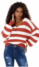 Oversize Grobstrick Pullover im Streifen-Design - weiß/kastanie