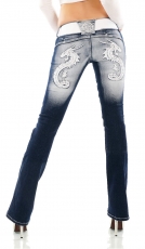 Bootcut-Jeans mit Dragon Tattoo, Strass und Gürtel - bleach blue