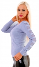 Figurbetonter Feinstrick-Pullover mit Mesh-Einsätzen - blau