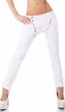 Crash-Jeans mit diagonaler Knopfleiste in weiß