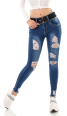 High Waist Jeans mit Used-Effekten inkl. Gürtel - blue washed