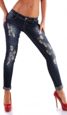 Slim Fit Röhren-Jeans mit Vintage- und Strass-Verzierungen - blue washed