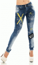 Crazy Röhren-Jeans im Used-Look mit Gothic Patches in dark blue
