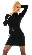 Strickkleid mit Puff-Ärmeln und Zierknöpfen in schwarz