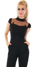 Eleganter Hosenanzug mit Mesh-Einsatz und Spitzenverzierung in schwarz
