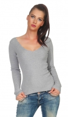 Figurbetonter Rippstrick-Pulli mit V-Ausschnitt - stone