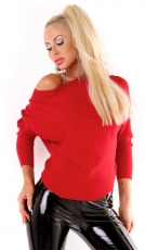 Legerer Feinstrick-Pullover mit weiten Rundausschnitt - bordeaux