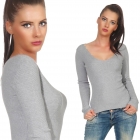 Figurbetonter Rippstrick-Pulli mit V-Ausschnitt - stone