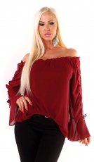 Luftig leichte Carmen-Bluse mit Spitzen-Verzierung - bordeaux