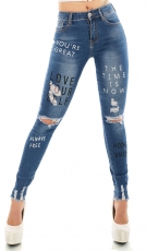 High Waist Skinny Jeans im Used-Look mit Schrift-Prints - blue washed