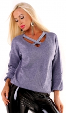 Feinstrick-Pullover mit verzierten V-Ausschnitt - marine