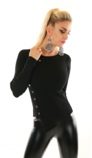Modischer Strickpullover in sexy Wickel-Optik mit Zierknöpfen in schwarz