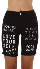 High Waist Capri-Jeans mit modischen Schrift-Prints - schwarz