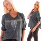 Preview: Meliertes Langarmshirt mit Nieten-Verzierung - graphit