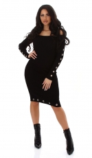 Elegantes Strickkleid mit Lochösen-Verzierung - schwarz